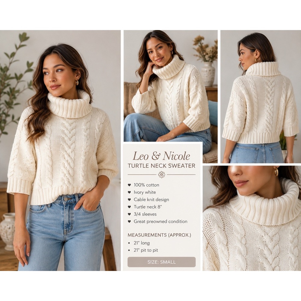 Leo & Nicole Ivory White Cable Knit Turtleneck Sweater 3/4 Sleeve Small